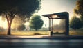 Bus stop on the street at sunset. 3D Rendering. Royalty Free Stock Photo
