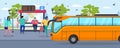 Bus stop, waiting people passenger vector illustration. City transportation, public transport standing on road near