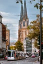 Bus on the streets and churches in Dsseldorf