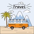 Bus summer trip vector illustratione on summer holidays. Traveler bus poster. Palm fnd vountains background on road trip