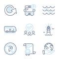 Bus tour, Lighthouse and Bus parking icons set. World globe, Waves and No parking signs. Vector Royalty Free Stock Photo
