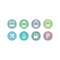 Bus, train, subway station, marine port vector symbols.