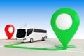Bus Travel Concept. Big White Coach Tour Bus from above of Abstract Navigation Map with Target Map Pointers. 3d Rendering