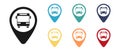 Bus, travel concept vector icon set, label on the map. Illustration. Royalty Free Stock Photo