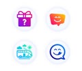 Bus travel, Secret gift and Smile face icons set. Yummy smile sign. Transport, Unknown package, Chat. Emoticon. Vector