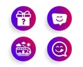 Bus travel, Secret gift and Smile face icons set. Yummy smile sign. Transport, Unknown package, Chat. Emoticon. Vector