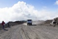 Bus getting tourists on the summit of Etna volcano 