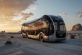 Bus travels along sandy roads with distant mountains in view, AI-generated. Royalty Free Stock Photo