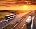 Bus and truck in motion blur on the highway Royalty Free Stock Photo