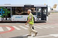 Bus and unidentified airport worker. Igor Sikorsky Kyiv International Airport Zhuliany