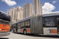 Bus vehicle Caio Millennium 2017 BRT Articulado Mercedes-Benz 0500 UDA on display at Bus Brasil Fest 2022 show. Royalty Free Stock Photo