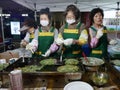 Busan, Korea-May 1, 2017: Woman make Korean pancakes