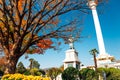 Busan Tower and Statue of Admiral Yi Sun-shin at Yongdusan Park in Busan, Korea