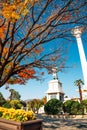 Busan Tower and Statue of Admiral Yi Sun-shin at Yongdusan Park in Busan, Korea