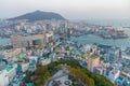 BUSAN, KOREA, OCTOBER 29, 2019: Sunset aerial view of port area of Busan, Republic of Korea