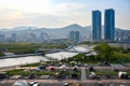 Busan, Korea, camping in front of the cruise terminal with a view of the suburbs.