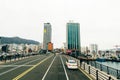 Busan Metropolitan City, Busan, Korea - October 2019 Yeongdodaegyo Bridge rasied for ships to pass Royalty Free Stock Photo