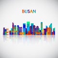 Busan skyline silhouette in colorful geometric style.