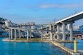 Spiral road ramp of Busan North Port Bridge also known as Bukhang Busan Harbor Bridge, the 2nd longest cable-stayed bridge in