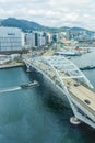 Busan,South Korea-September 2020: Aerial view view of Busan Yeongdodaegyo Bridge with cruise ship passing by