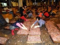 Operators arranging shrimp boxes at Busan Jagalchi Market