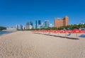 Sea beach blue sky sand sun daylight relaxation landscape viewpoint in Haeundae beach in summer at Busan skyscrapers in Korea