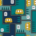 Buses, fir trees, colorful seamless pattern