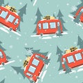 Buses, fir trees, snow, decorative cute background. Colorful seamless pattern with transport. Happy New Year