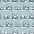 Colorful seamless pattern with buses, fir trees, snow. Decorative cute background. Happy New Year