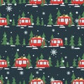 Colorful seamless pattern with buses, fir trees, snow. Decorative cute background. Happy New Year