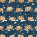 Buses, fir trees and snow, seamless pattern