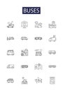 Buses line vector icons and signs. Coaches, Shuttles, Vans, Transports, Routes, Wheels, Fleet, Trips outline vector