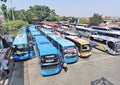 Buses are waiting for passengers at the Cicaheum Bus Station, Bandung City, West Java, Indonesia