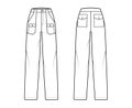 Bush pants Denim pants technical fashion illustration with normal waist, high rise, patch bellows cargo pockets. Flat Royalty Free Stock Photo