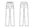 Bush pants Denim pants technical fashion illustration with low waist, rise, patch bellows cargo pockets, full lengths.