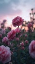 bush of pink roses, evening sky in the background