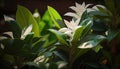 a bush with white flowers and green leaves in the sunlight with a blurry background of a building in the background and a window