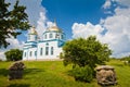 Busha, Ukraine - 09.06. 2019: modern neo pagan symbolic sculptures, illegally built modern russian orthodox church, State historic