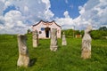 Busha, Ukraine - 09.06. 2019: modern neo pagan symbolic sculptures, symbolizing forces of nature, village art museum facade