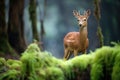 bushbuck standing alert amidst ferns and moss Royalty Free Stock Photo