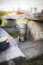 bushcraft stove and a cup outdoors Royalty Free Stock Photo