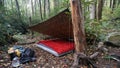 Bushcraft Tarp Shelter Camp. Wilderness Forest Bushcraft campsite. Survival Shelter