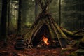 Bushcraft wickiup shelter in the forest. Generative AI Royalty Free Stock Photo