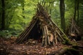 Bushcraft wickiup shelter in the forest. Generative AI Royalty Free Stock Photo