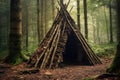 Bushcraft wickiup shelter in the forest. Generative AI Royalty Free Stock Photo