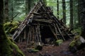 Bushcraft wickiup shelter in the forest. Generative AI Royalty Free Stock Photo