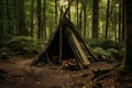 Bushcraft wickiup shelter in the forest. Generative AI Royalty Free Stock Photo