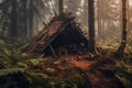 Bushcraft wickiup shelter in the forest. Generative AI Royalty Free Stock Photo