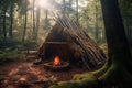 Bushcraft wickiup shelter in the forest. Generative AI Royalty Free Stock Photo