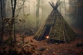 Bushcraft wickiup shelter in the forest. Generative AI Royalty Free Stock Photo